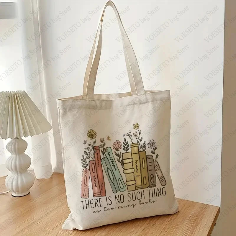 There Is No Such Thing As Too Many Books Pattern Canvas Tote Bag Best Gift for Who Love Reading Bags Bookish Women Shopping Bag