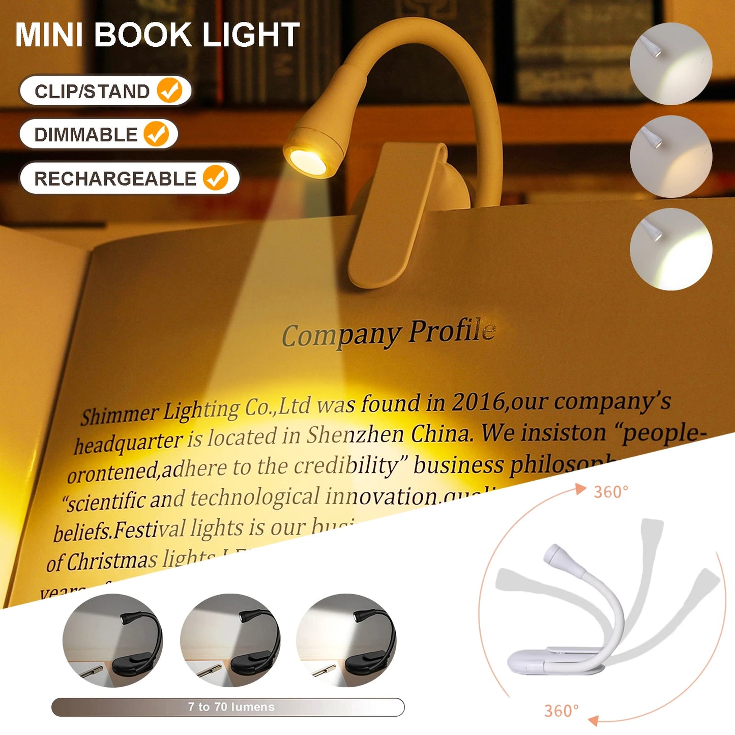 1-2Pcs Portable LED Book Lights USB Rechargeable Eye Protection Night Light Mini 360°Clip-On Desk Reading Lamp Travel Bedroom