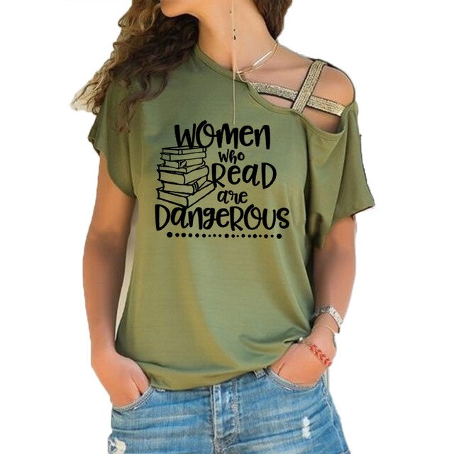 Women who read are dangerous reading books graphic t shirt feministe women tshirt Irregular Skew Cross Bandage cotton tee tops