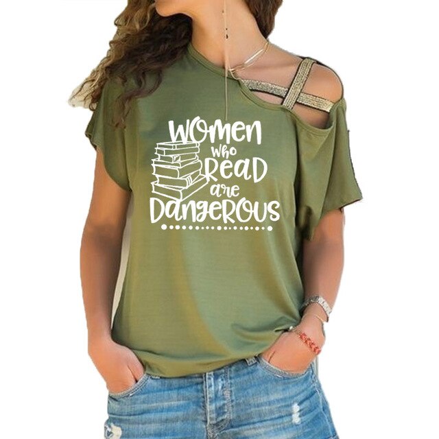 Women who read are dangerous reading books graphic t shirt feministe women tshirt Irregular Skew Cross Bandage cotton tee tops