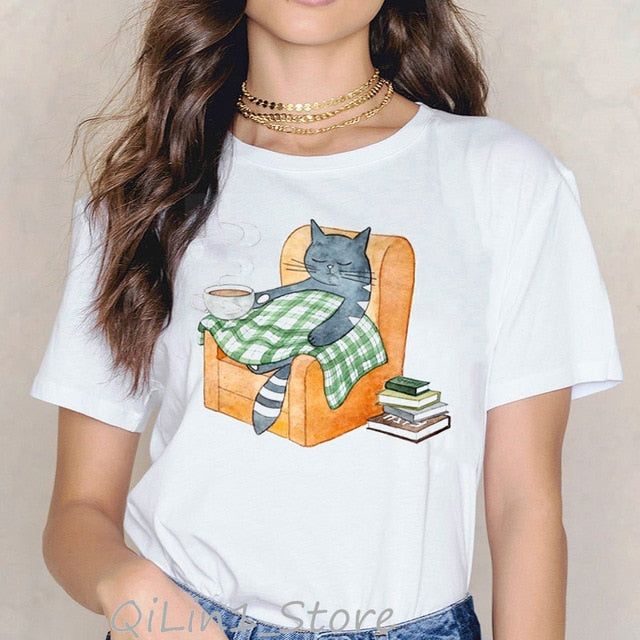 Cats love reading book funny t shirts women kawaii tshirt summer