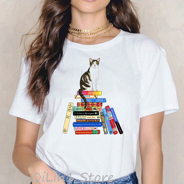 Cats love reading book funny t shirts women kawaii tshirt summer